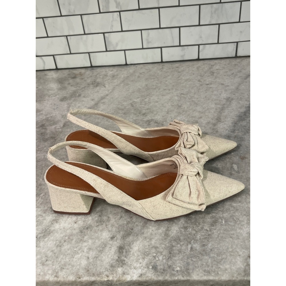 ASOS Design Slingback Pumps Womens 10 Beige Linen Bow Pointed Toe Heel Shoes